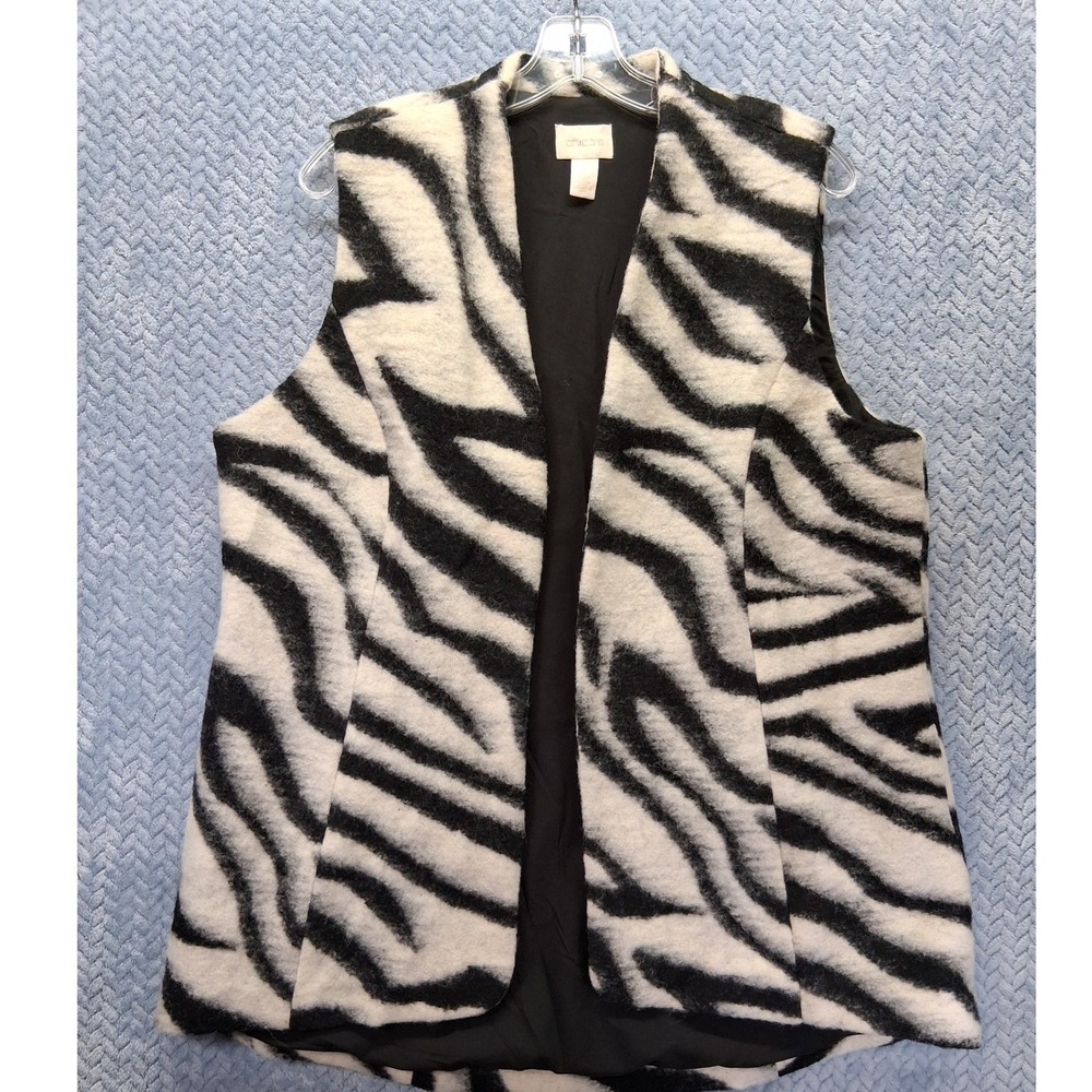 Chicos Zebra Print Wool Blend Open Front Vest Black White Size 2 L Large Chic